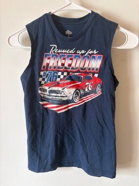 Celebrate It Navy Tank Top with Red Race Car Freedom Graphic